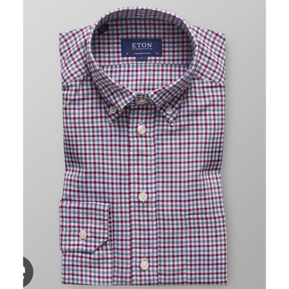 Eton 42 slim 16 1/2 red blue plaid button down shirt - Picture 1 of 8
